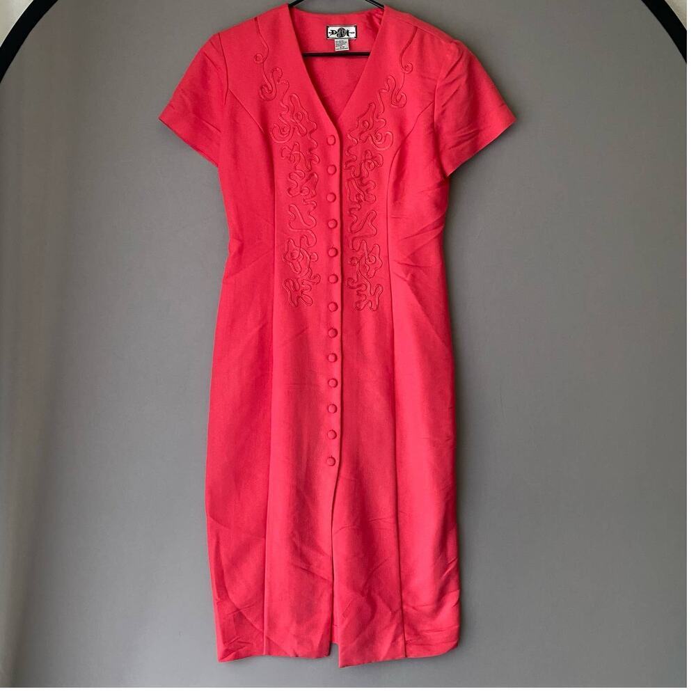 VTG DJI Soutache Academia Office Siren Sheath Dress‎ 9/10 Pink Vintage Career